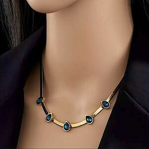 Blue Sapphire Gold Plated Zircon Herringbone Charm Flat Necklace